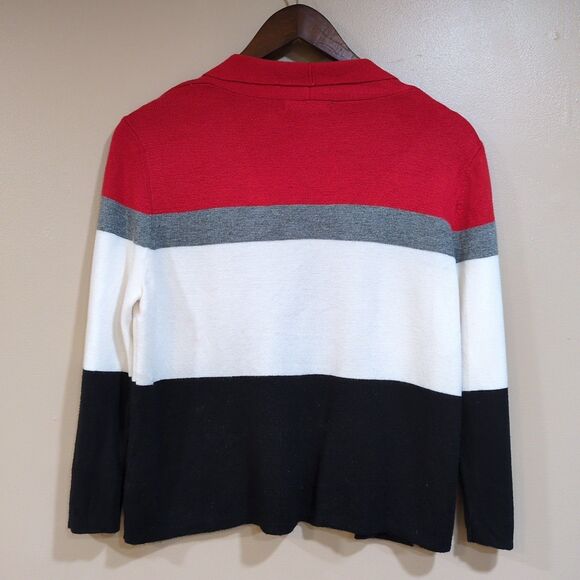 Liz Claiborne Womens M Color Block 3/4 Sleeve Open Cardigan Red White Black Gray - Picture 4 of 8